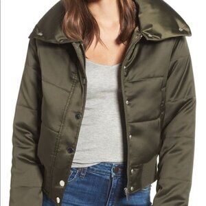 Maralyn & Me Cropped‎ Puffer Bomber Jacket Shiny Olive Sz S Silky Soft Cozy